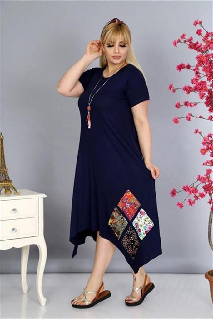 Damen Übergröße Kleid Plus Size Asymmetrischer Schnitt Marineblaues Kleid