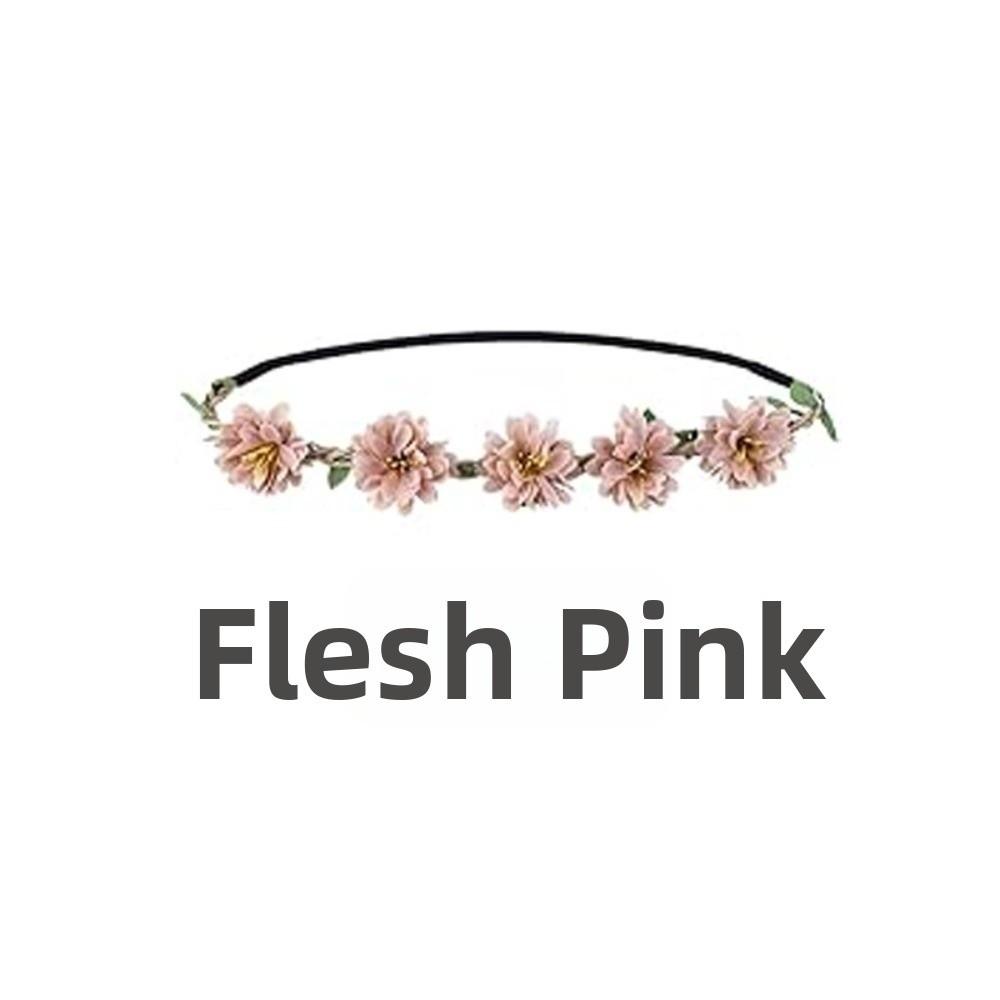 Adjustable Ribbon Floral Wreath Crown Pink Rose Bohemia Garland Headpiece  for Girls Women