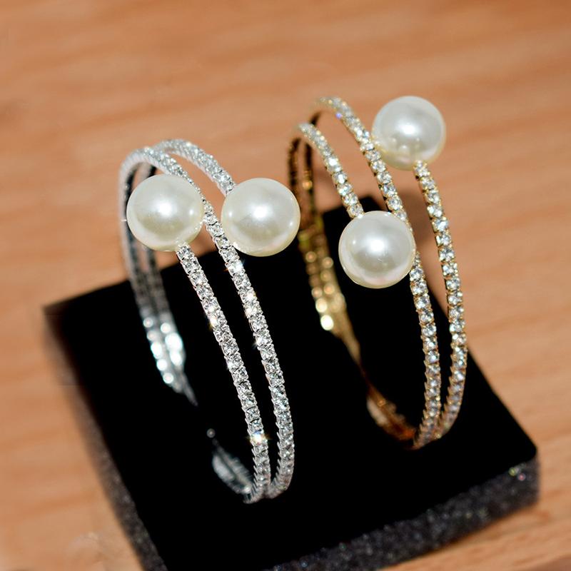 Fashion 2 Rows Imitation Pearls Rhinestone Open Bracelets Bangles Women Wedding Jewelry Party Accessries