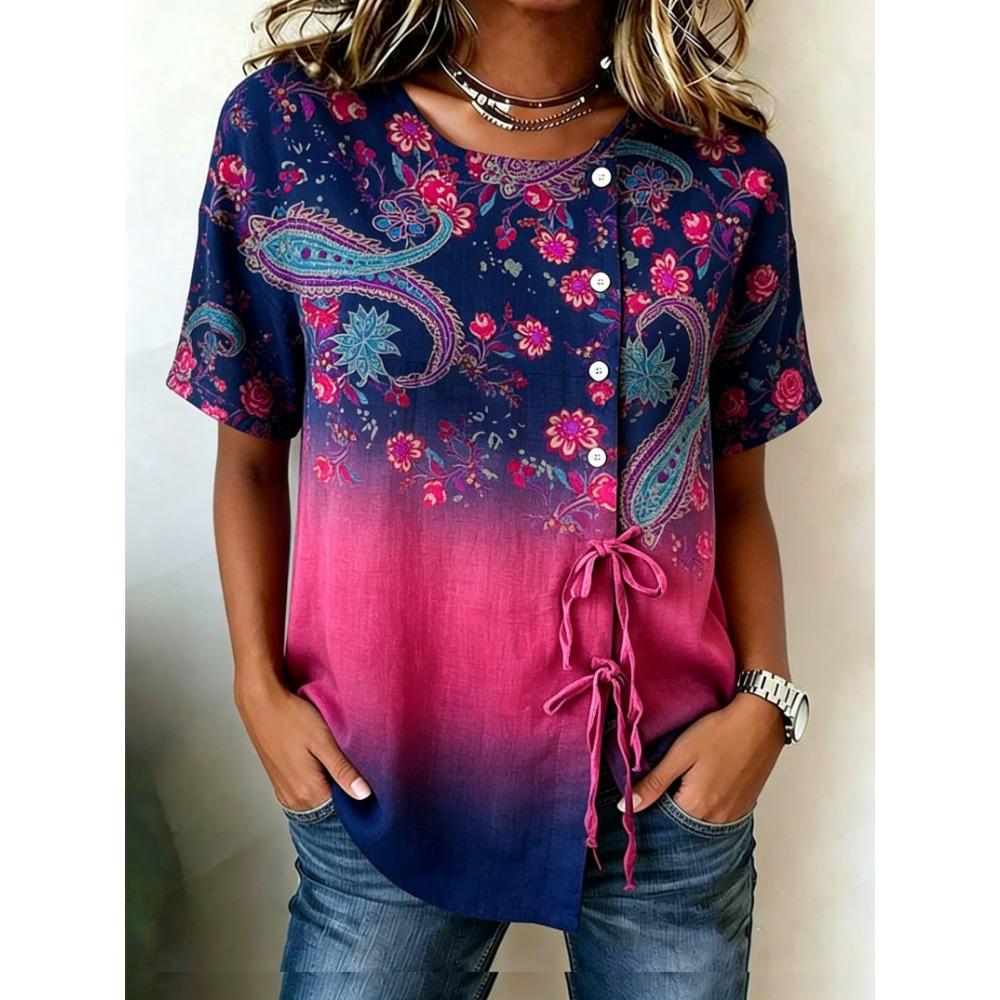 Women's Ombre Paisley Floral Print Drawstring Button Up Blouse, Casual Round Neck Tops for Spring Summer Daily Vacation Wear