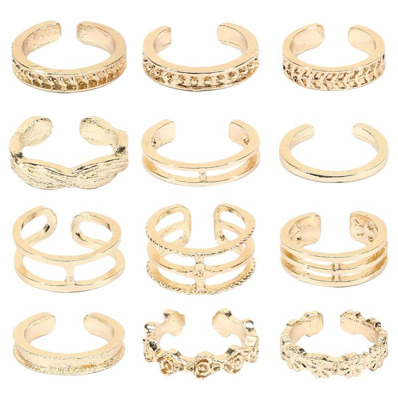 12pcs Toe Ladies Adjustable Toe Rings Summer Fashion Foot Beach Open Barefoot Finger Rings Cute Heart Feather Jewelry