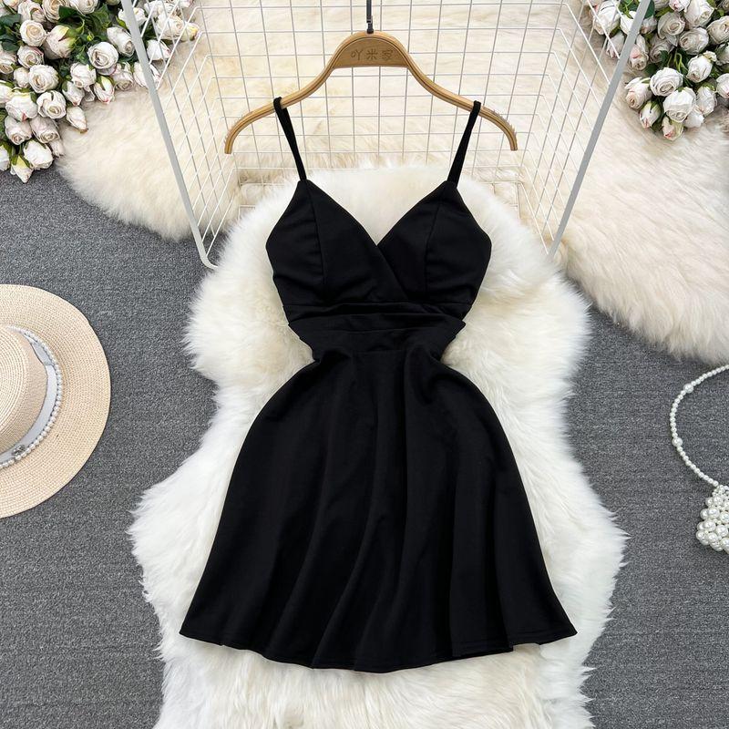 

Pure Color High Waist Slip Dress Slim Fit Backless V-neck Tube Top Black L