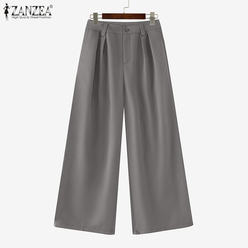 ZANZEA Women Summer Elastic Waist Solid Color Pleated Wide Leg Pants