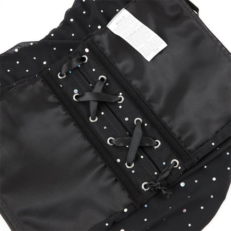 Top Corsetto Senza Spalline in Rete Nera con Strass, Vita Arricciata, Bustier Steccato per Donna