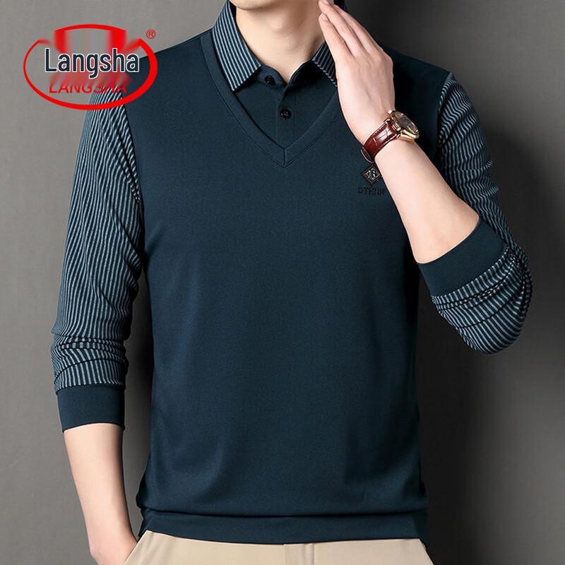 LangSha Men s Casual Faux Two-Piece Striped Knit Shirt M