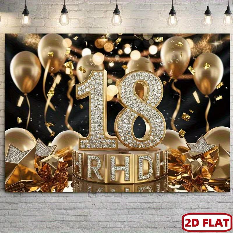2D 18th Birthday Black Gold Glitter & Confetti Backdrop for Adult Party