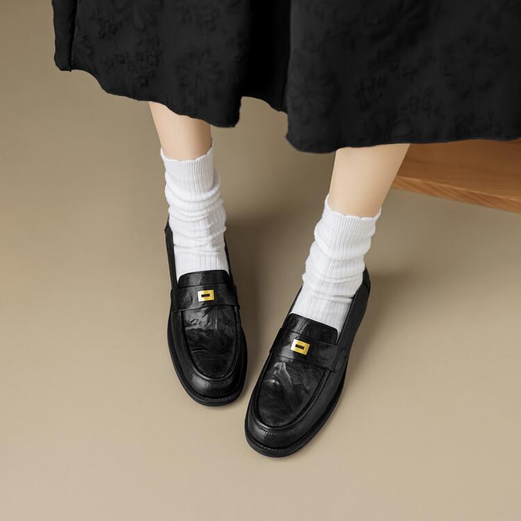 Rindslederversion~ Echtleder Rundkopf Ein-Pedal Goldschnalle Loafer Damen Britisch vielseitig lässig kleine Lederschuhe dicker Absatz Einzelne Schuhe