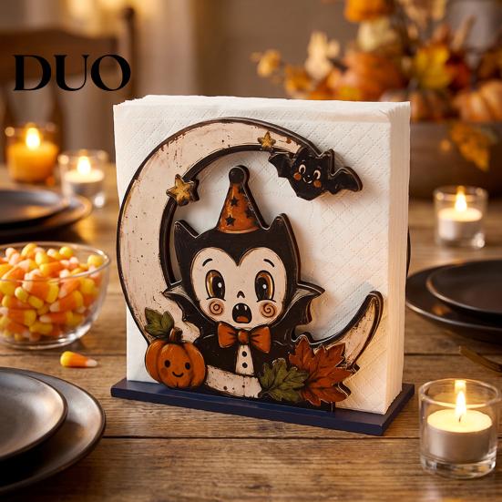 Decorative Paper Napkin Stand Halloween Wood Holder, Rustic Ghost Skeleton Owl Pumpkin Dispenser, Gift for Lovers Vintage Tabletop Standing