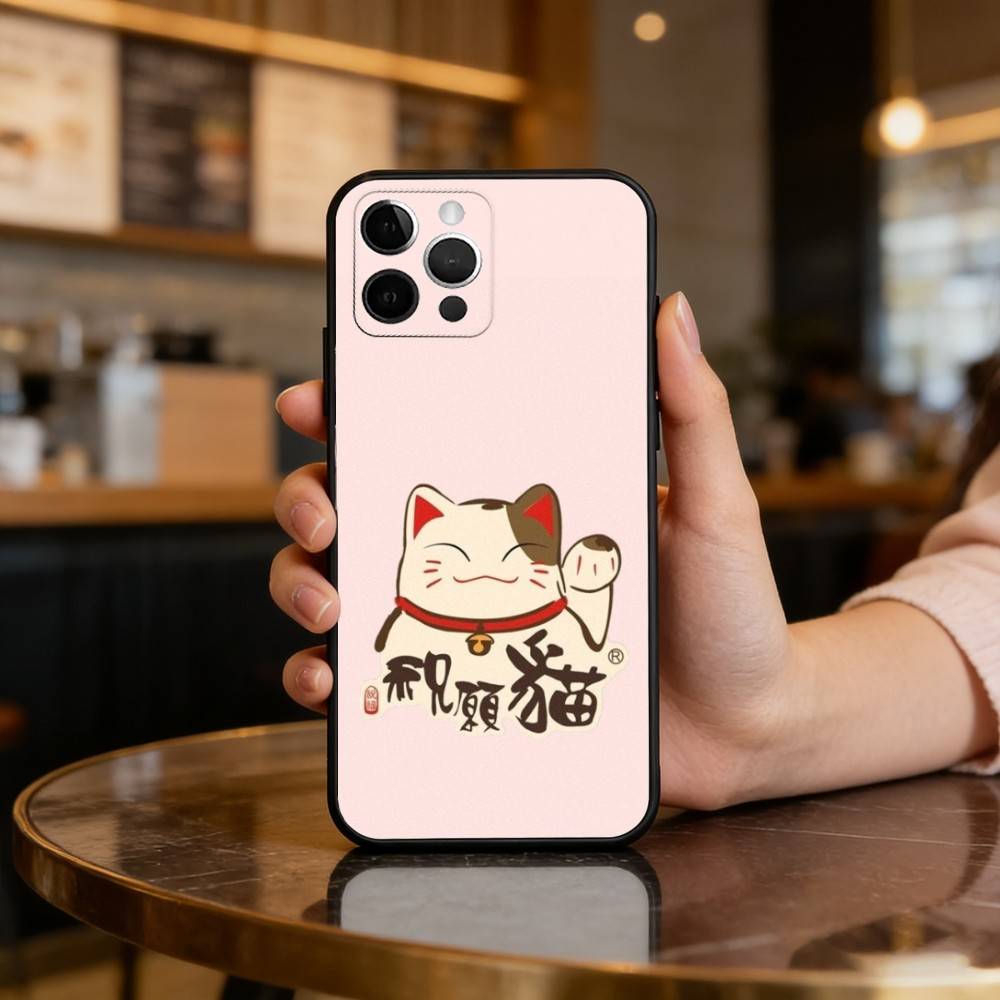 C-Cartoon Lucky Cat Soft Silicone Black Cover,Phone Case For iPhone 17,16,15,14,13,12,11 Plus,Pro Max,XS