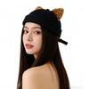 Leopard Print Cat Ears Brimless Hat Adjustable Beanie Hat Cute Melon Docker Cap  Outdoor