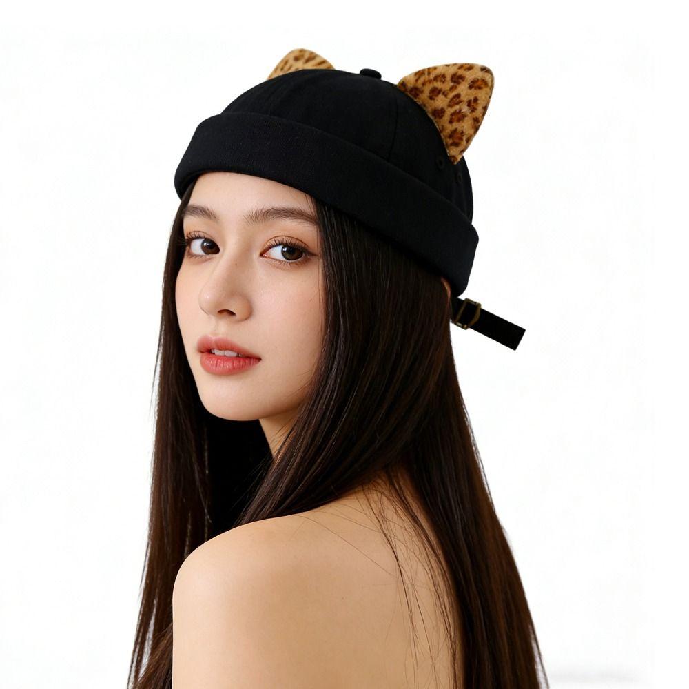 Leopard Print Cat Ears Brimless Hat Adjustable Beanie Hat Cute Melon Docker Cap  Outdoor