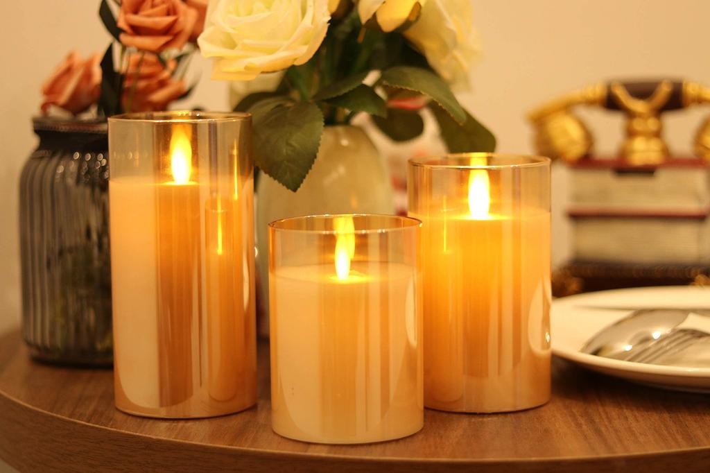 AnnTec LED Candle LED Flickers Like a Real Warm with Remote Adjustable Light, Glass, Gold, 3-Piece Set, Flame, Light, Flameless, Safe, Energy-Saving,