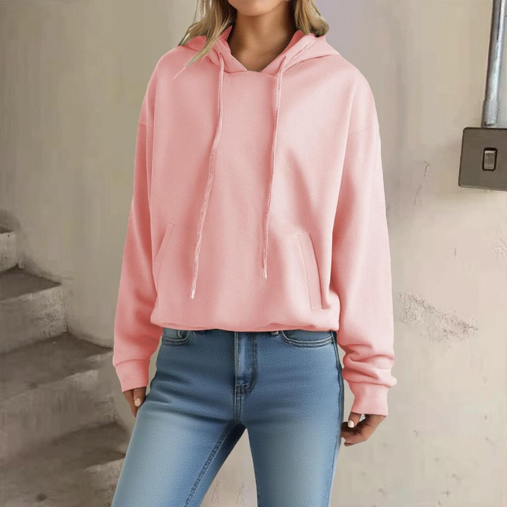Women's Loose Long Sleeved Pullover With Drawstring And Pocket Hooded Solid Color Hoodie