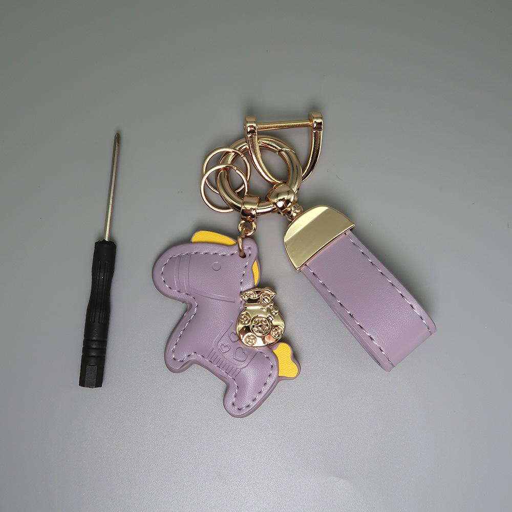Instant Wealth Leather Keychain with Cartoon Pony Pendant for Couples – Trendy Bag and Car Accessory