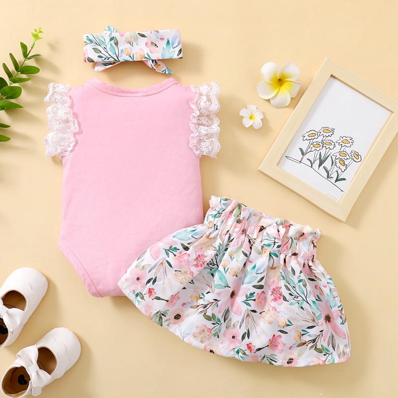 0-18 Months Newborn Baby Girl Summer Daily Clothes Set Fly Sleeve Romper Top + Flowers Skirt with Headband Lovely 3PCS Outfit
