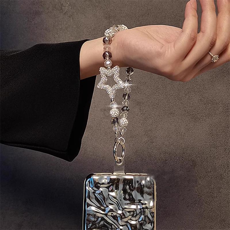 Luxury Flash Diamond Star Bead Mobile Phone Lanyard Wrist Strap Lady Hand-held Chain Short Anti-lost Cell Phone Cute Key Pendant