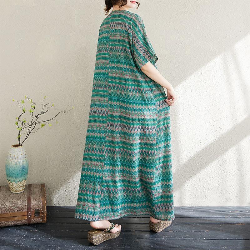 Real Shot Summer V-neck Thin Cotton and Linen Loose Literary and Simple Holiday Style Thin Striped Dress Women