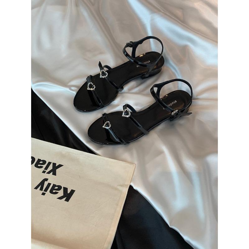 Round Head Double with Love Diamond Buckle Adjustable Flat Sandals Women's Leather Thick Heel High Heel Sandals