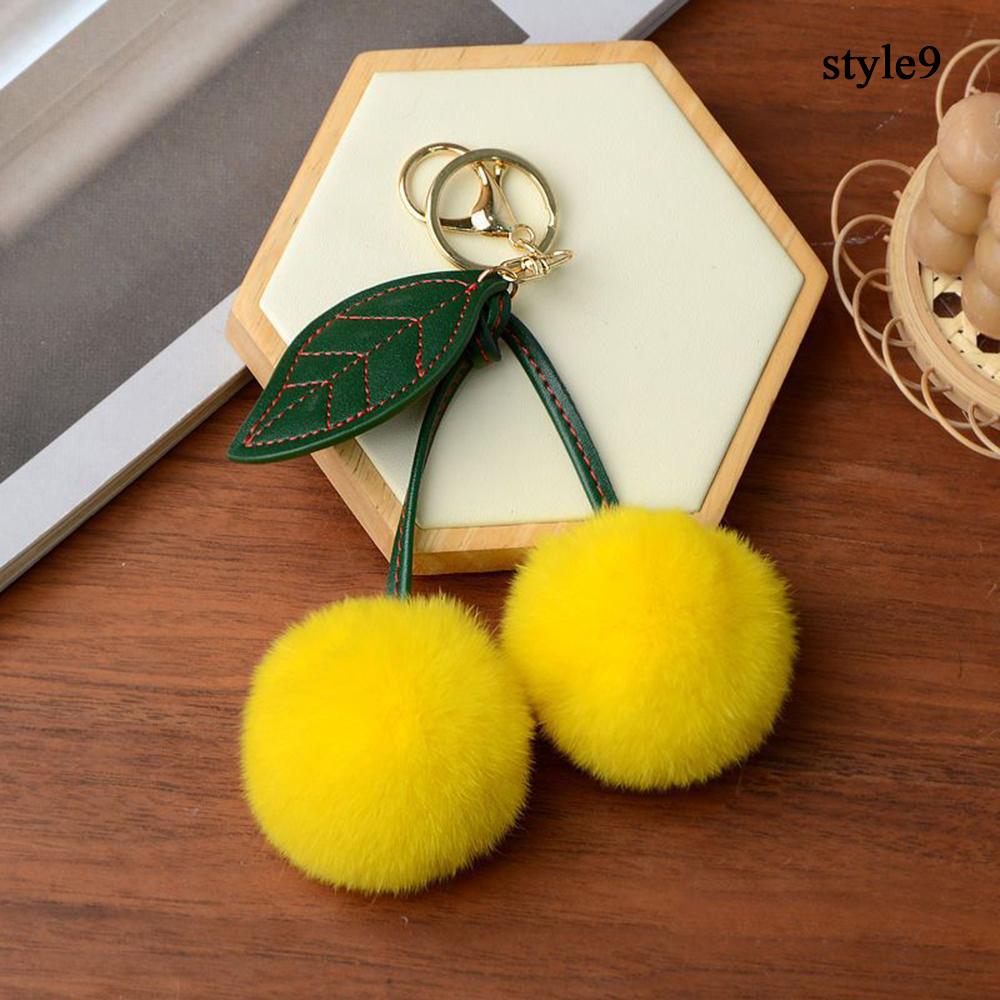 Keychain Key Fob Bag Pendant Fluffy Cherry Keyring Bag Hanging Leaf Artificial Rabbit Fur Ball Key Holder Plush Bag Accessories