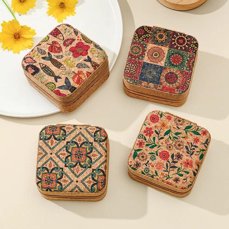 Cork Jewelry Storage Box Portable Travel Earrings Rings Necklaces Jewelry Prints Compartmentalized Storage Box YLE197