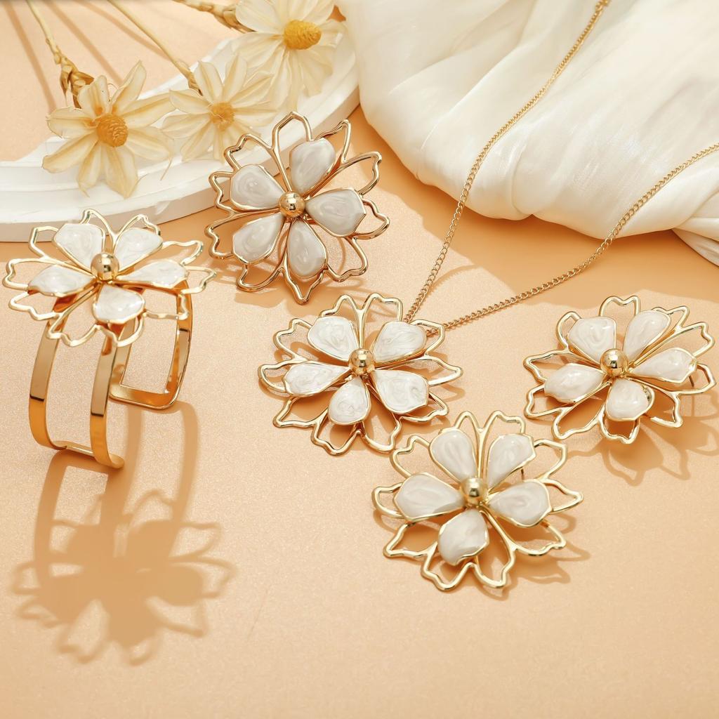 Hot-selling new dripping oil elegant and sweet lotus double-layer hollow three-dimensional flower ring bracelet stud earrings necklace