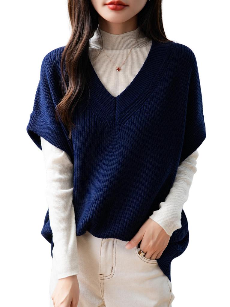 Women's V-neck Ribbed Wool Sweater Vest - Sleeveless, Loose Fit for Autumn/Winter.