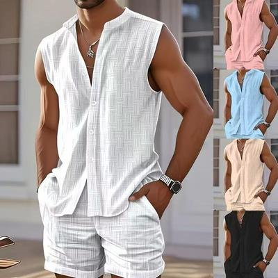 Men's Summer Vest Shirt Casual Loose Sleeveless Solid Color Shorts Beach Suit