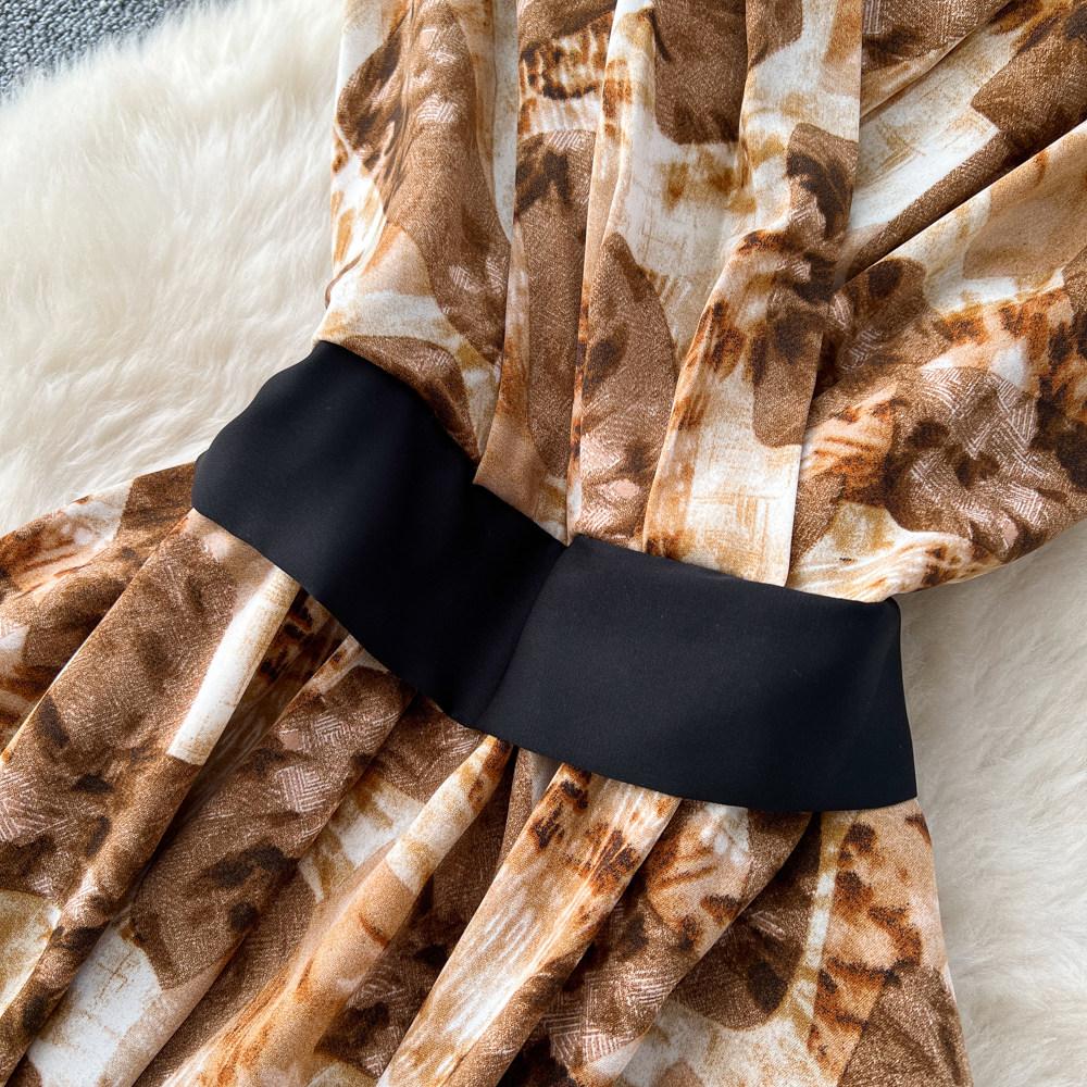 Commute Sleeveless Printed Dress Women Spring New High Waist Slim A Line Long Dress Luxury Design Sense