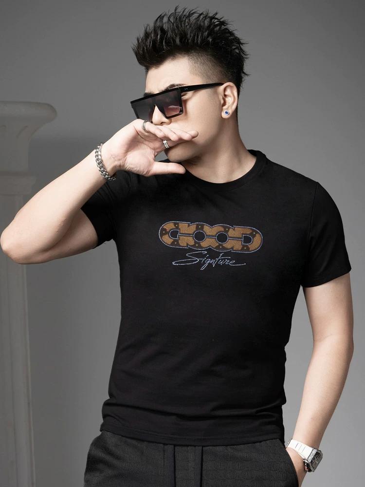 Ozhouzhan Trendy Slim Fit Short Sleeve T-shirt Men 2025 New Summer Trendy Brand Hot Drilling Print T-shirt Half Sleeve Top