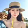 Flat top straw hat British retro top hat Shade sunscreen beach hat Travel seaside women's French woven sun hat