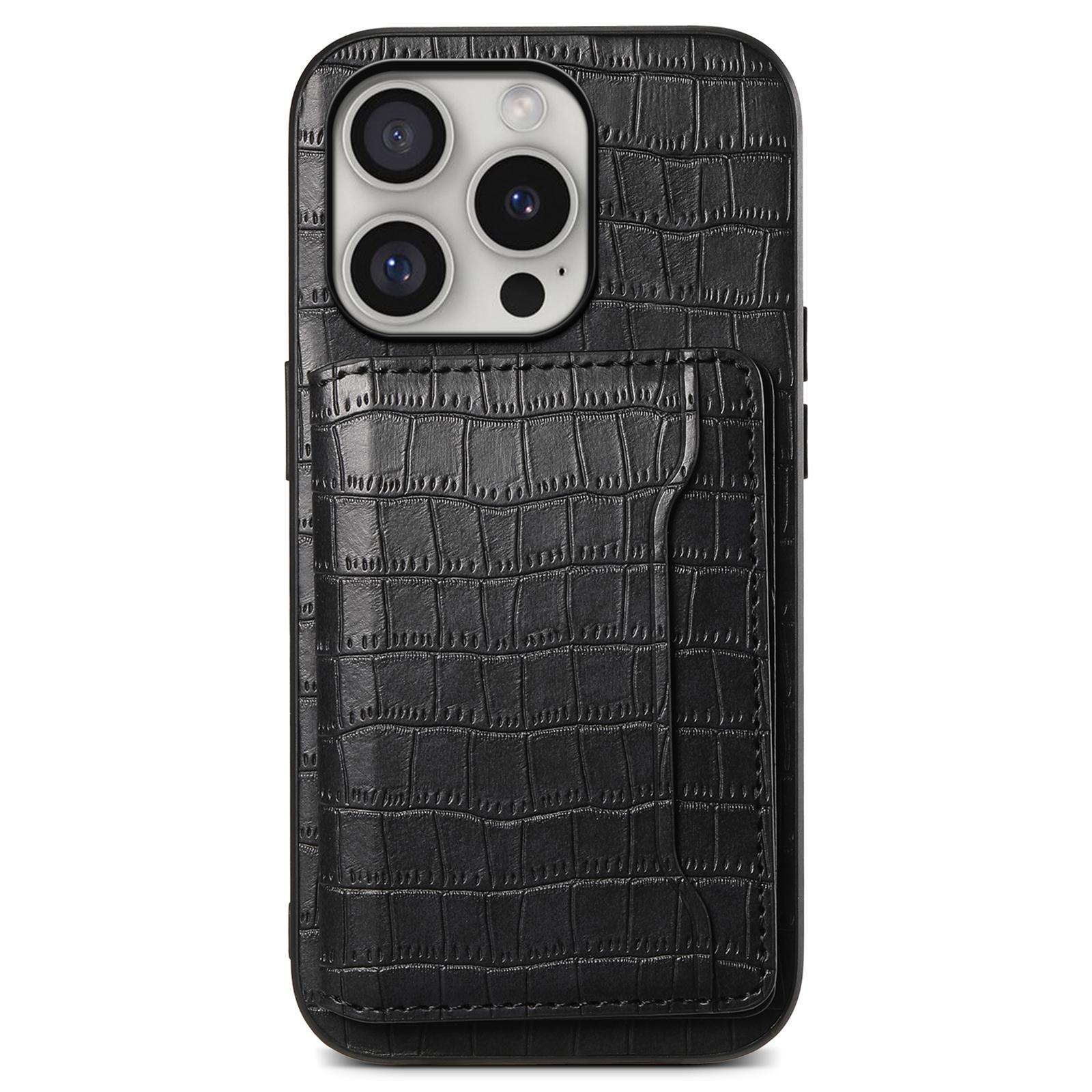 

For iPhone 16 Pro Case Card Holder Kickstand Crocodile Texture Leather Back Phone Cover Black
