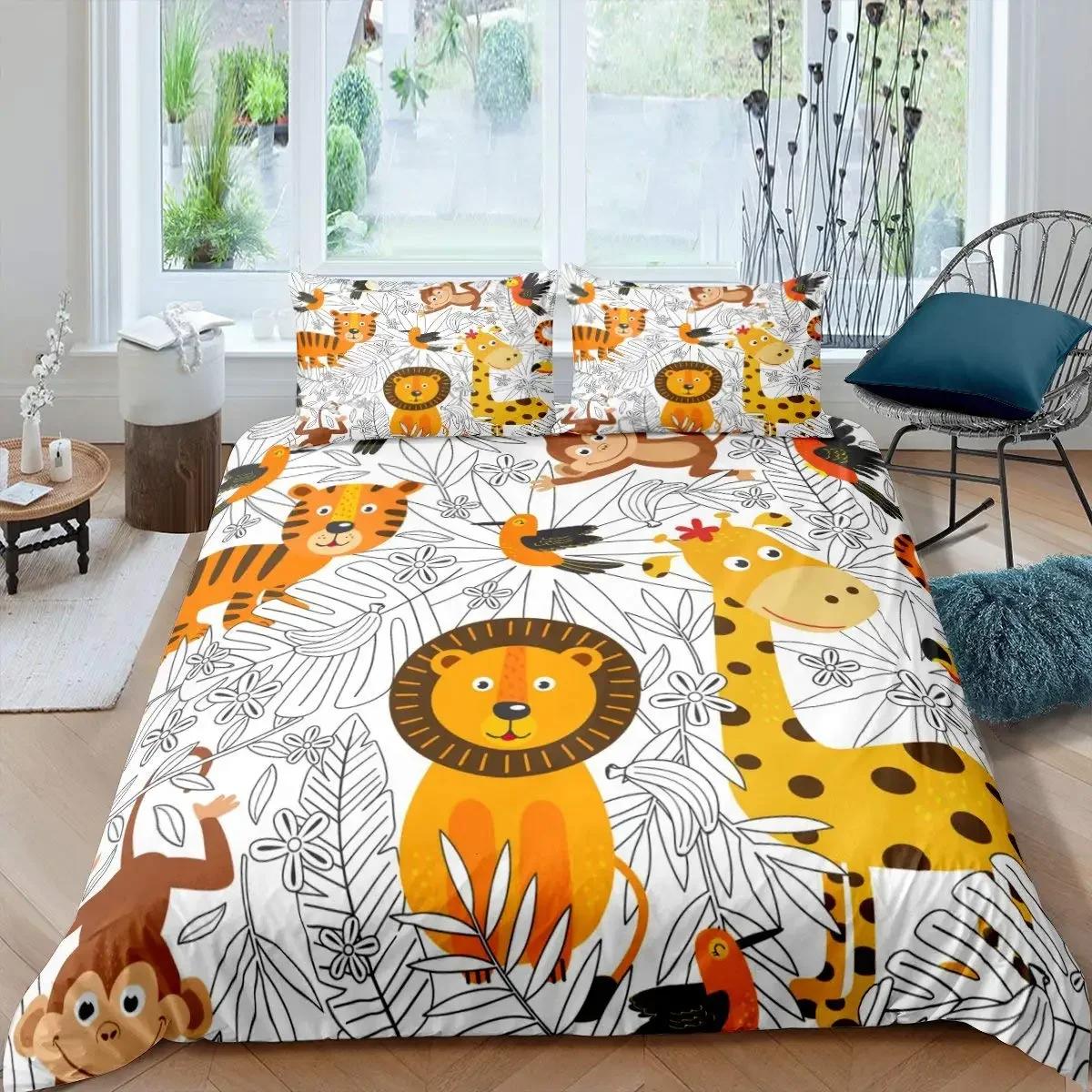

Комплект постельного белья с изображением мультяшных животных King Size Savannah Tropical Forest Jungle Wildlife Комплект постельного белья Kids Zoo Полиэстеровый пододеяльник 135x200cm
