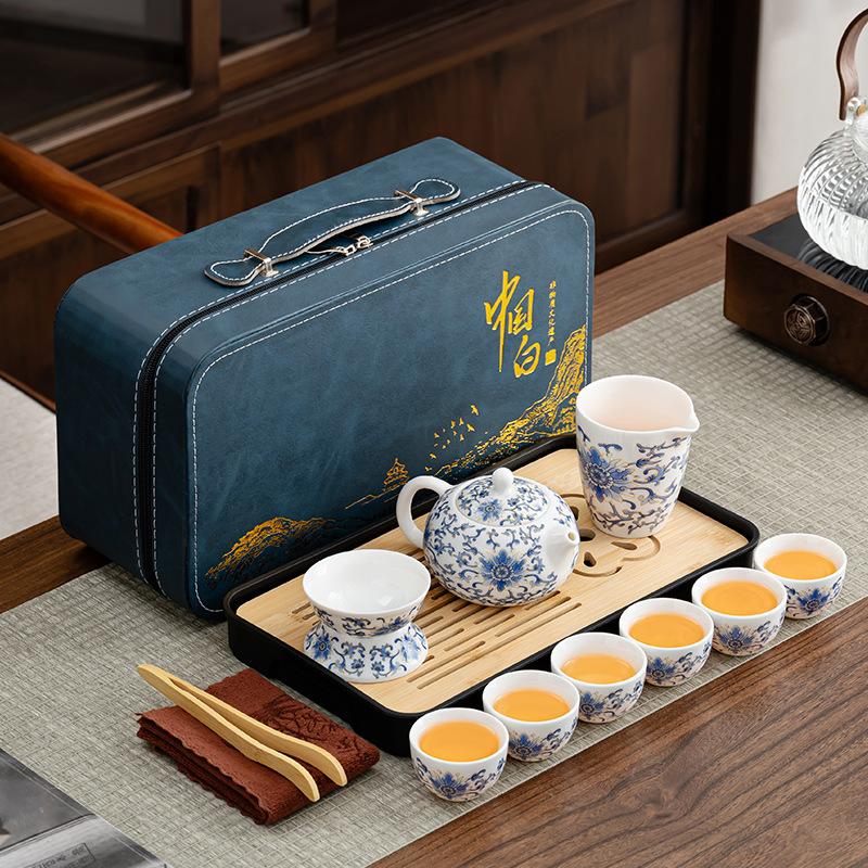 Tea set portable set suet jade guest high-end Dehua ceramics new Chinese style twisted lotus retro tea set fixed printing