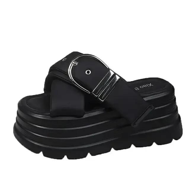 

Модные 8-сантиметровые сандалии на танкетке с модной пряжкой для женщин, уличные повседневные шлепанцы на платформе для женщин, нескользящие сандалии для женщин, универсальная женская обувь 34 чёрный