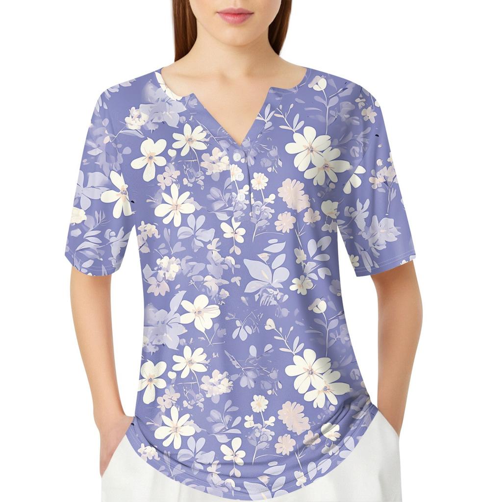 Damen T-Shirt mit Aufdruck und Knopfleiste, kurzärmelig, für den Alltag, Wochenende, modisch, Basic, V-Ausschnitt, normales Oberteil