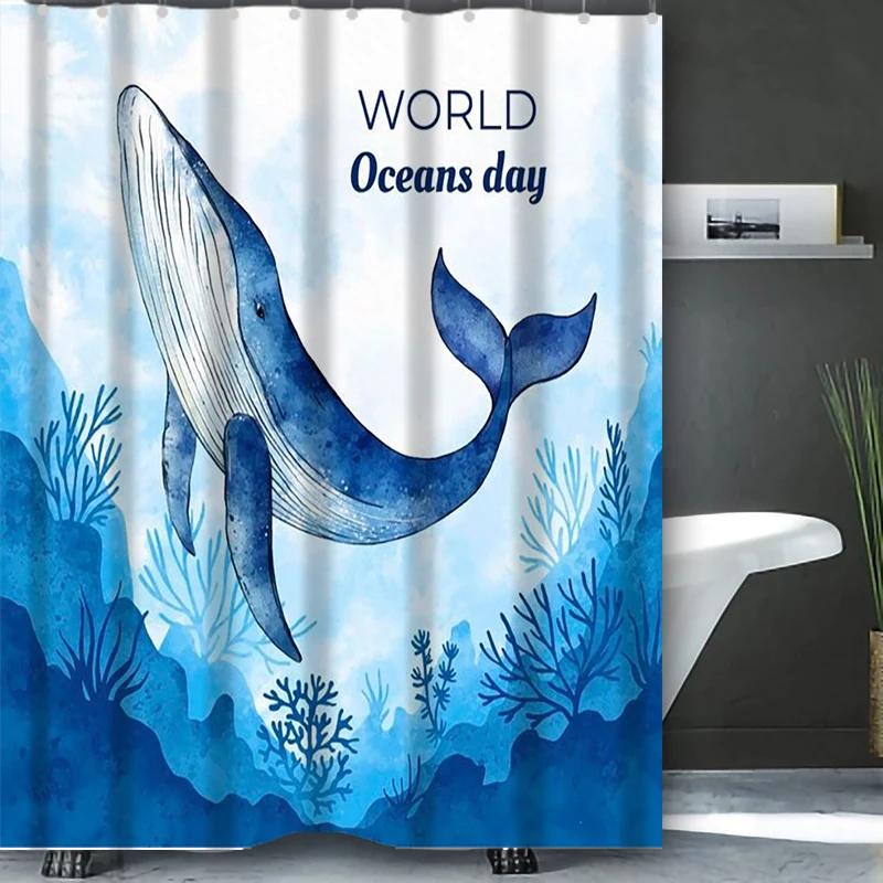 Whale sea wave Pattern Bathing Curtain  Bathroom Shower Curtain Waterproof With 12 Hooks Home Deco