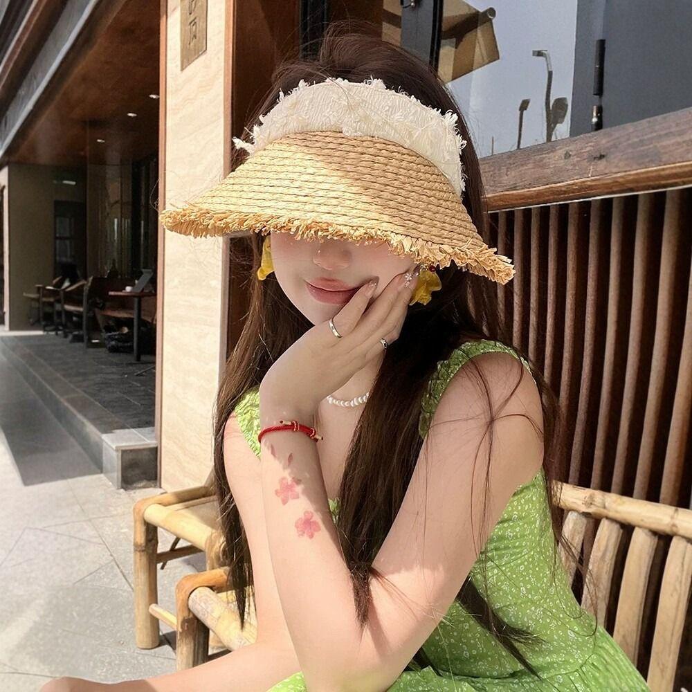 Hollow Empty Top Straw Hat Woven Straw Women's Sun Hats Folding Sunshade Hat  Beach Vacation