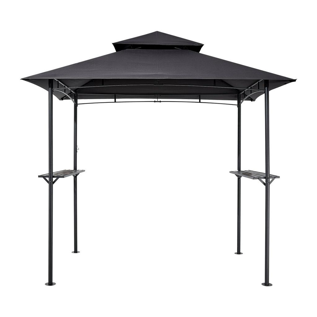 Grill Gazebo, 2.43 x 1.5 m Outdoor BBQ Gazebo with Double-Tiered Roof, Powder-Coated Steel Patio Grill Shelter with 2 Side Shelves & 8 Hooks, Grilling