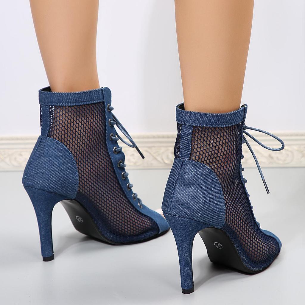 Sandale de damă cu toc înalt, cu șireturi, plasă peep-toe, mărimi mari, primăvară/vară 2024