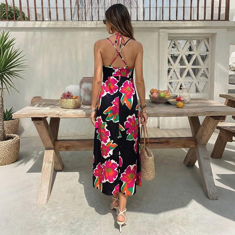 TikTok Summer New Retro Vacation Style Long Dress Floral Print Suspender F Halter Dress