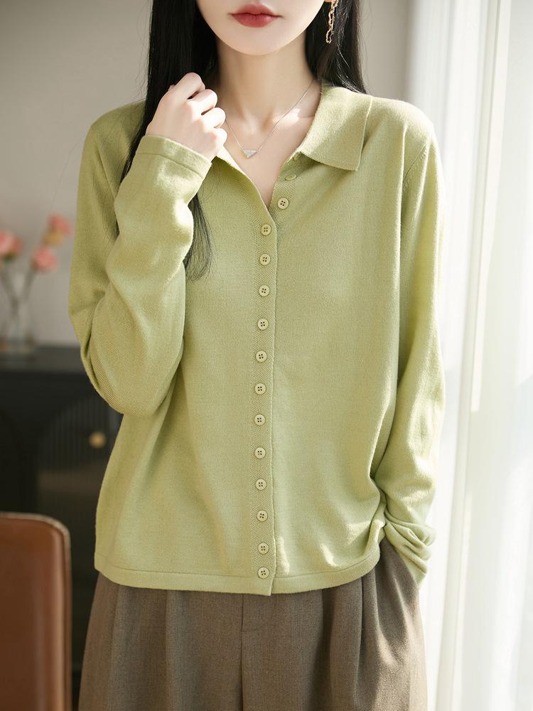 Women's Korean Style Lapel Wool Knit Cardigan with POLO Collar - Long Sleeve, Versatile, Casual Sweater for Spring.