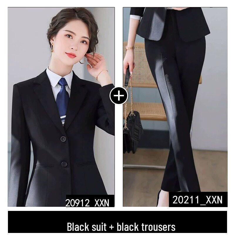 Formelles Schwarzes Anzugset für Damen für Frühling und Herbst - Professionelle Arbeitskleidung mit Jacke für Hotelrezeptionisten