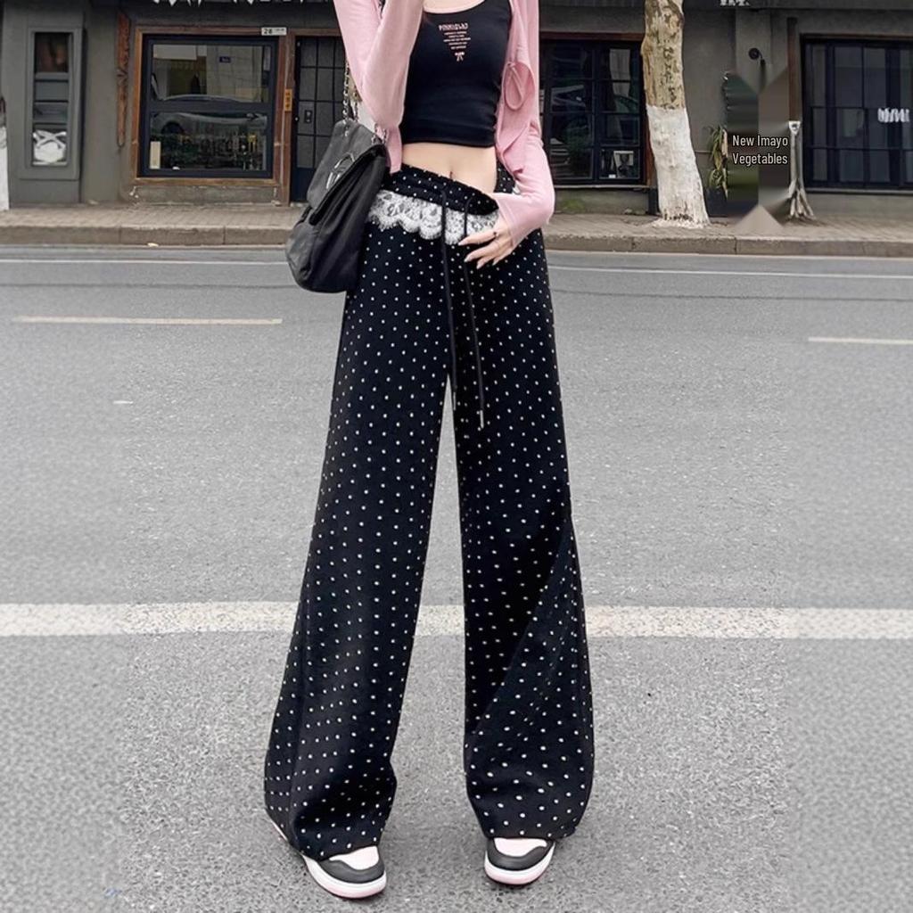 Women's High-Waist Polka Dot Lace Patchwork Wide-Leg Pants - Spring 2025 Collection
