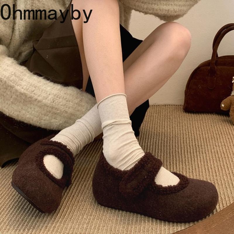 Autumn Woolen Fabric Women Flats Shoes Comfort Soft Sole Mary Jane Shoes Warm Cotton Outdoor Shoes For Winter