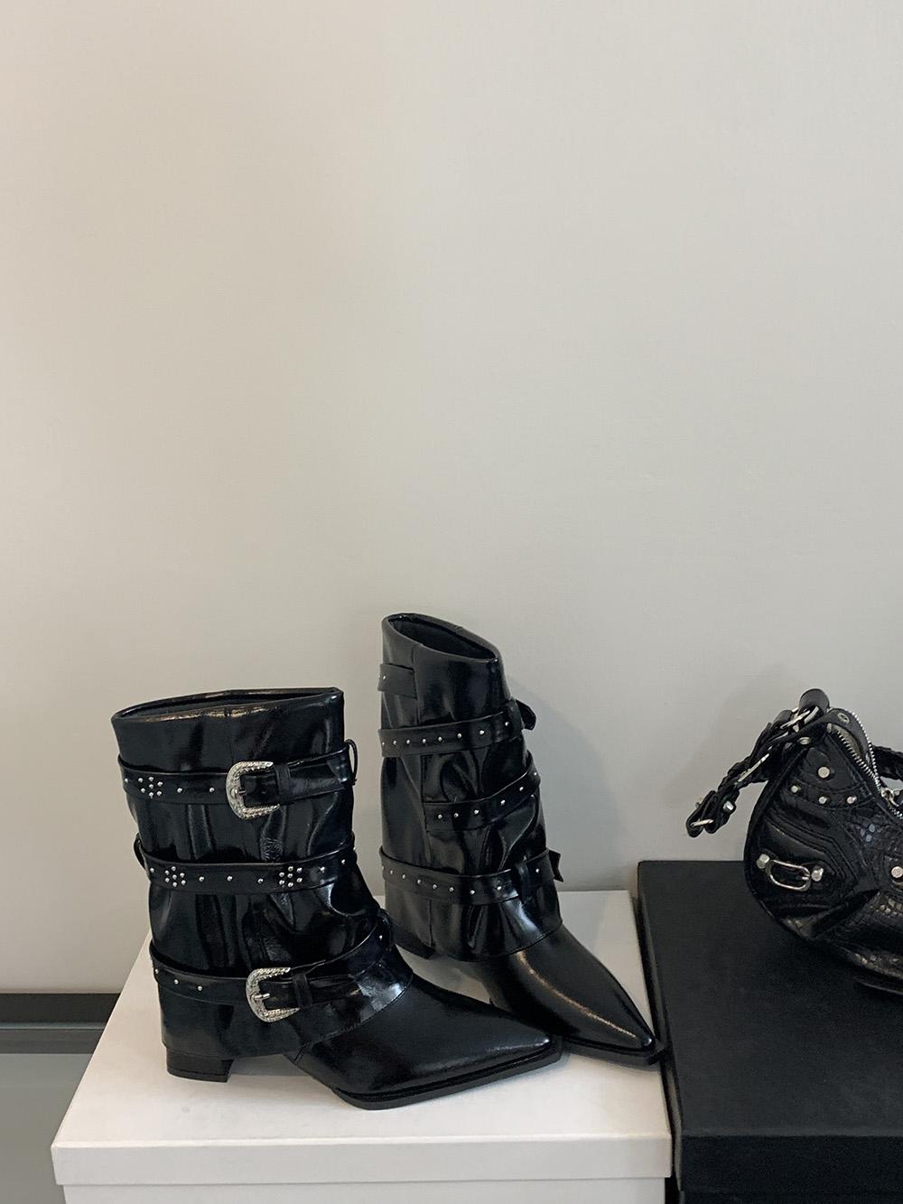 

Модные женские сапоги с острым носком до середины голени, черные, коричневые, с пряжкой на ремне, на толстом высоком каблуке, женские, размер 35-39, модные туфли-лодочки 7.5 чёрный