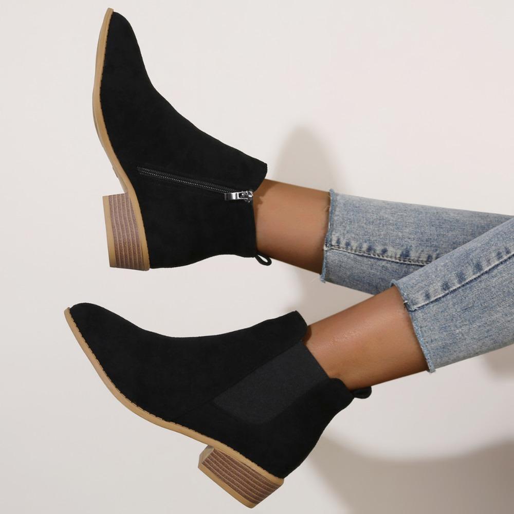 Fashion Women's Natural Suede Elastic Low Heel Shoes Autumn and Winter Ankle Boots Square Toe Casual Short Boots Size 36-43