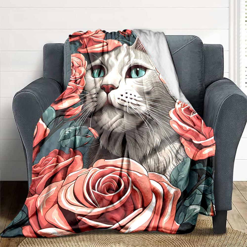 1pc Floral Cat Lightweight Flannel Blanket, Comfortable and Warm Blanket, for Office and Camping Sofa Bed001