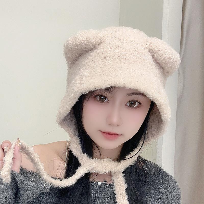Cappello di Lana Carino con Orecchie d'Orso Giapponese per Donna in Autunno e Inverno Nuovo Caldo Cappello a Maglia che Mostra il Viso Protezione per Collo e Orecchie Cappello