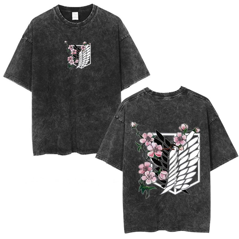 Anime Attack on Titan Washed T Shirt Men Cotton Casual Short Sleeve T-shirt Manga Levi Ackerman Oversized T-shirts Streetwear
