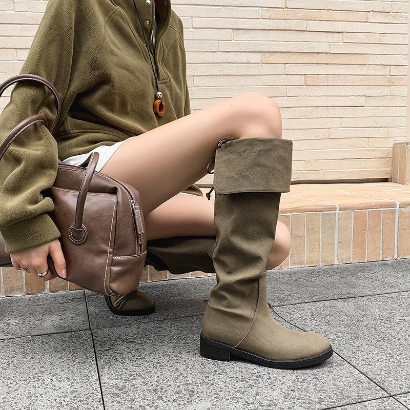 4CM European and American fashion simple knee boots 2025 autumn and winter new round head thick heel folded high knight boots women